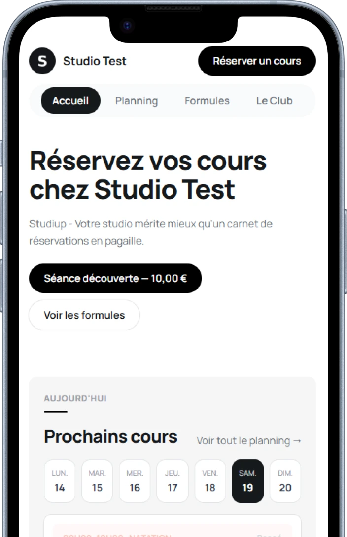 Page de réservation publique d'un studio : accueil, planning, formules et Le Club